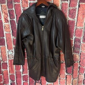 AndrewMarc size medium women’s hooded soft brown heavyweight leather jacket,